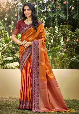 orange soft silk blend woven work traditional saree 1