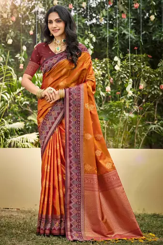 orange soft silk blend woven work traditional saree