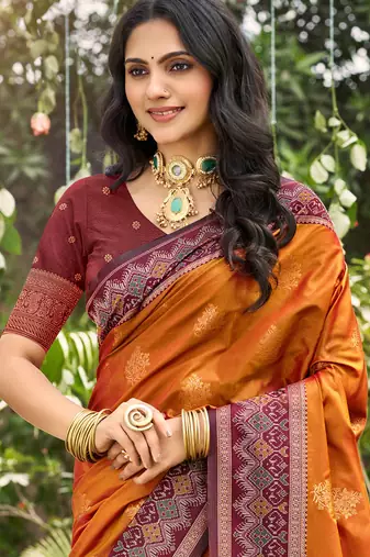 orange soft silk blend woven work traditional saree