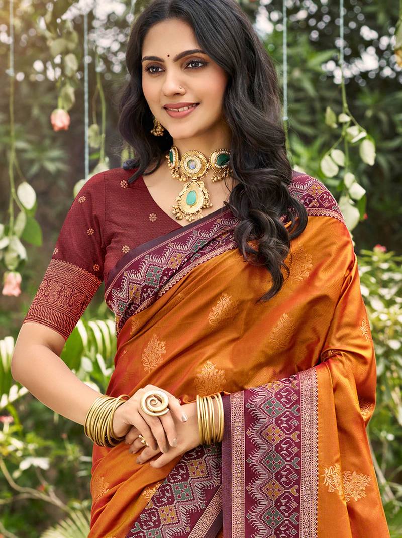 orange soft silk blend woven work traditional saree