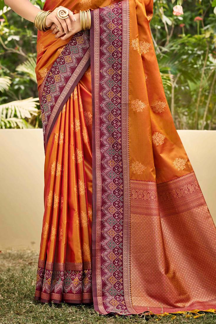orange soft silk blend woven work traditional saree