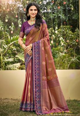 peach soft silk blend woven work traditional saree 1