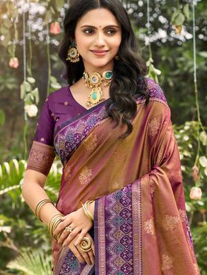 peach soft silk blend woven work traditional saree 2
