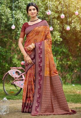 orange soft silk blend woven work traditional saree 1