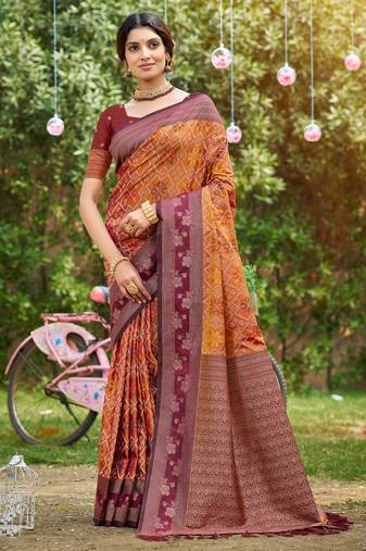 orange soft silk blend woven work traditional saree