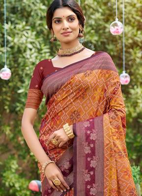 orange soft silk blend woven work traditional saree 2