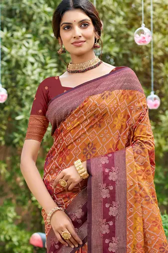 orange soft silk blend woven work traditional saree