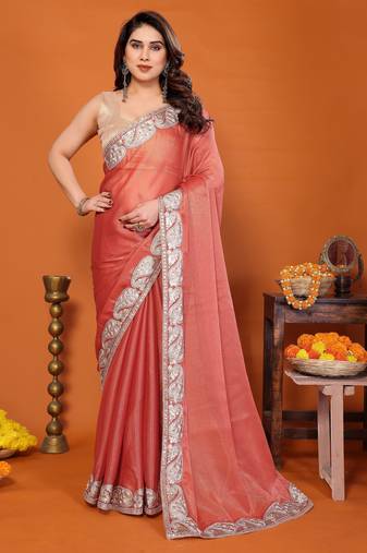 orange mannequin embroidery  work  saree 