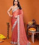orange mannequin embroidery  work  saree 