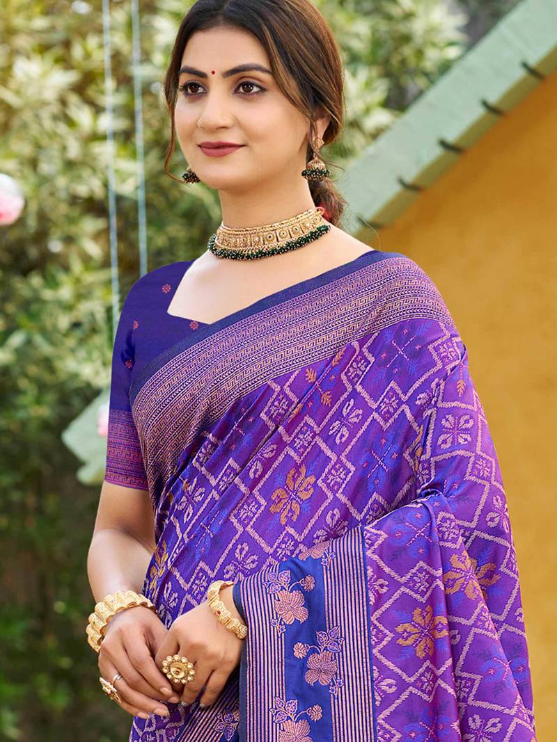 purple soft silk blend woven work traditional saree