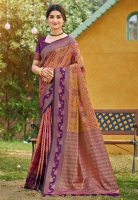 peach soft silk blend woven work traditional saree 1