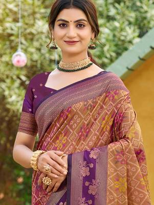 peach soft silk blend woven work traditional saree 2