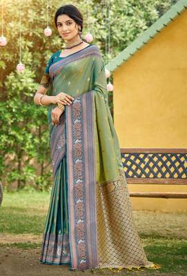 pear green soft silk blend woven work traditional saree 1