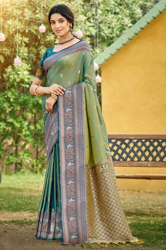 pear green soft silk blend woven work traditional saree