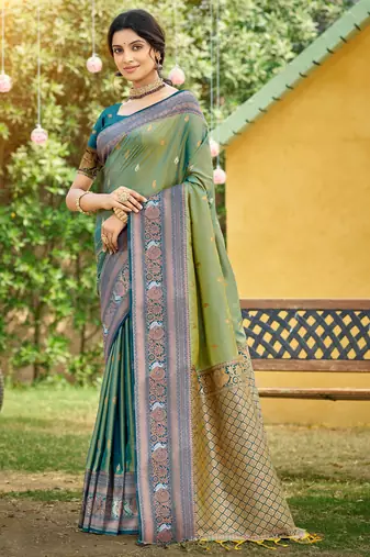 pear green soft silk blend woven work traditional saree