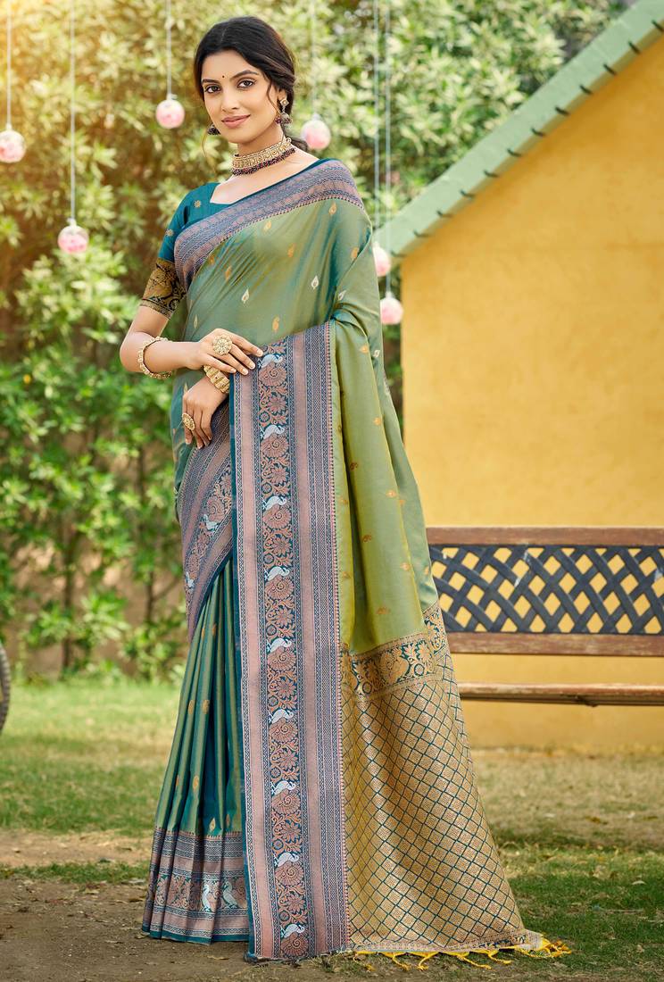 pear green soft silk blend woven work traditional saree