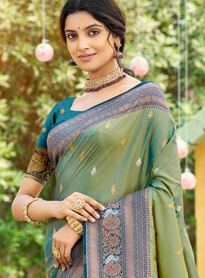 pear green soft silk blend woven work traditional saree 2