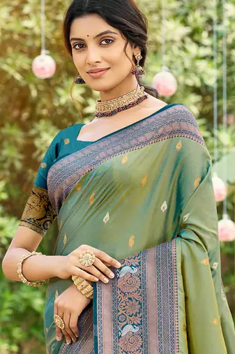 pear green soft silk blend woven work traditional saree