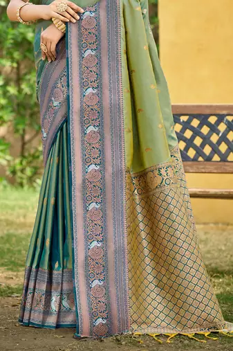 pear green soft silk blend woven work traditional saree