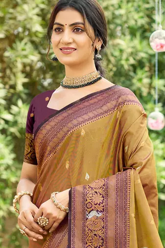 brown   soft silk blend woven work traditional saree