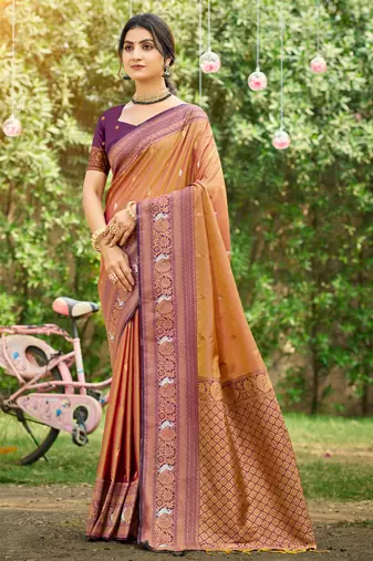 orange soft silk blend woven work traditional saree