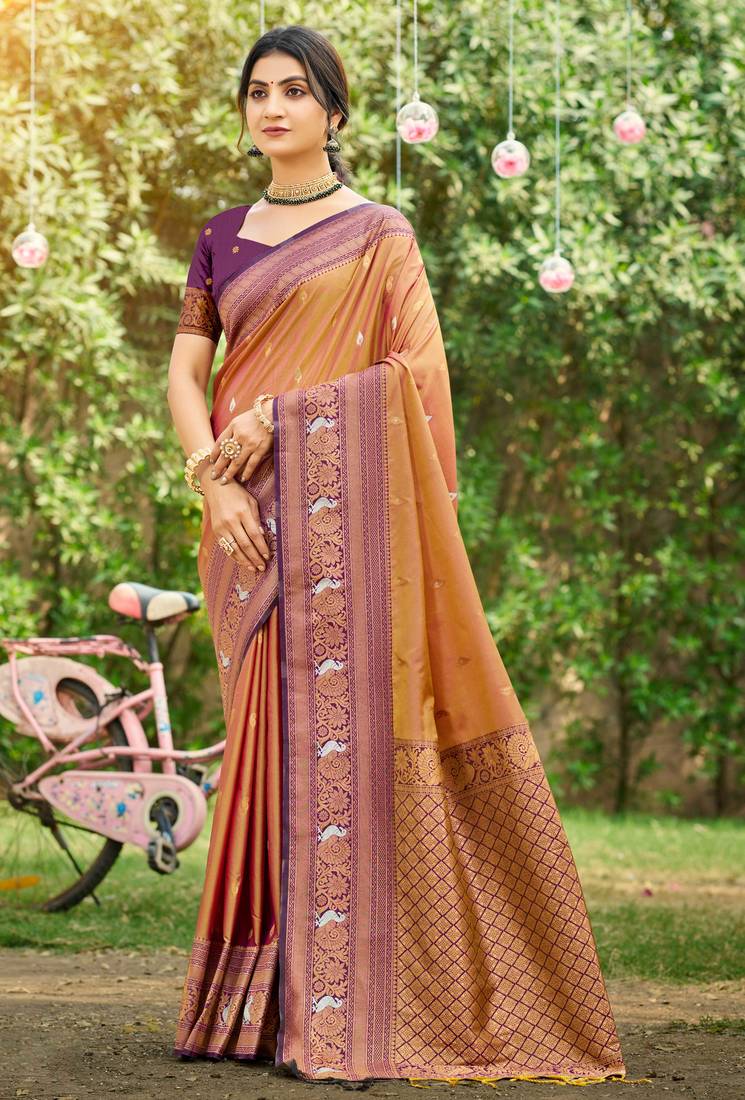 orange soft silk blend woven work traditional saree