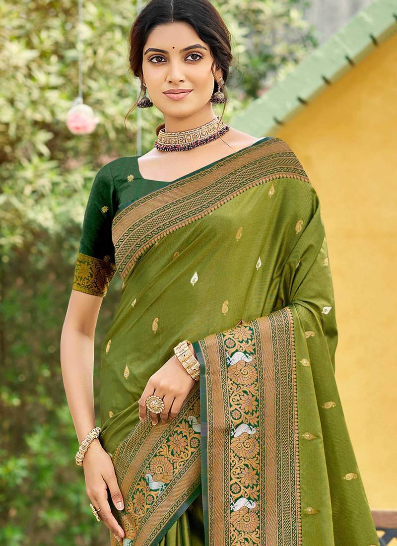 green soft silk blend woven work traditional saree