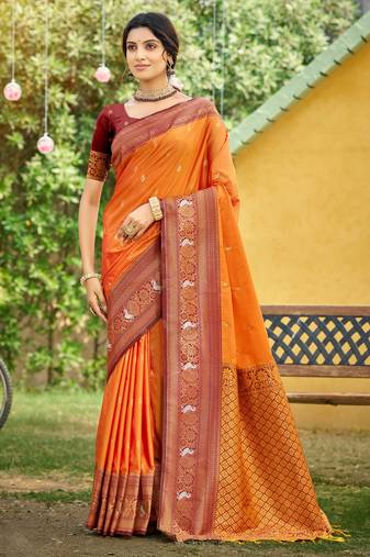 orange soft silk blend woven work traditional saree