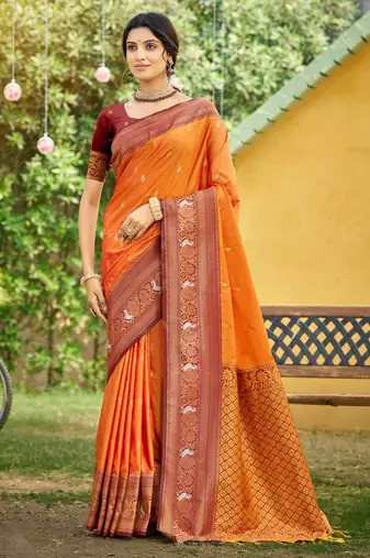 orange soft silk blend woven work traditional saree