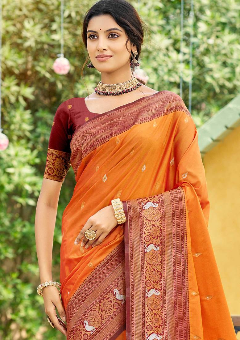 orange soft silk blend woven work traditional saree