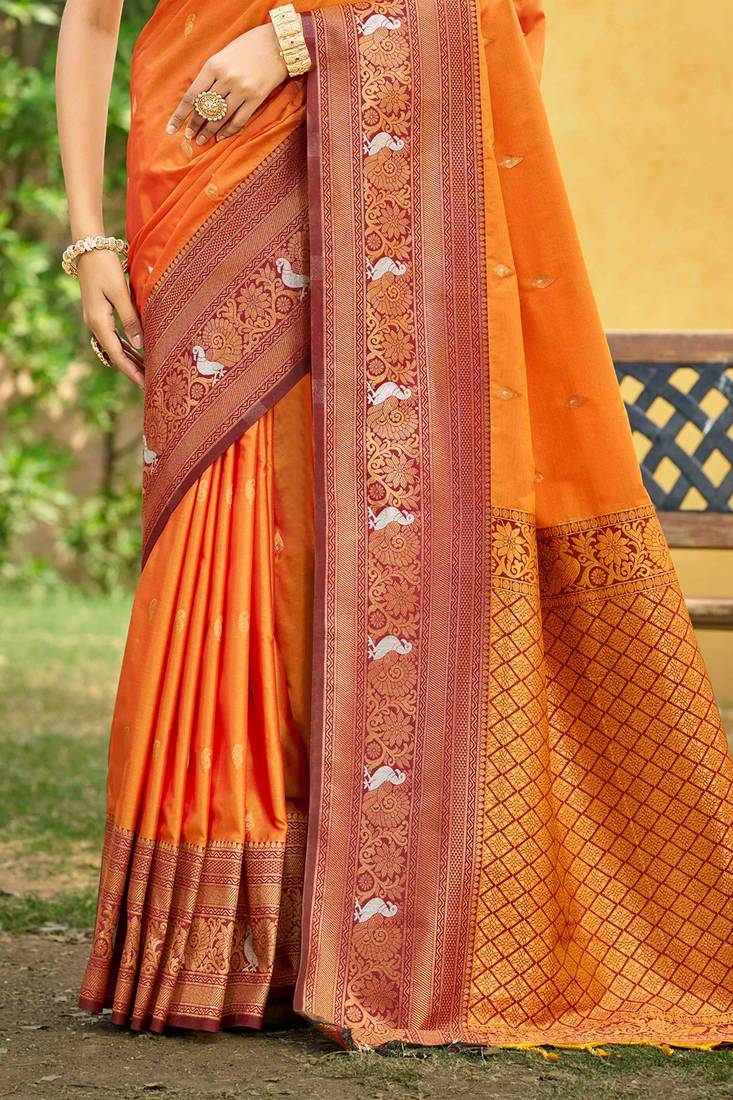 orange soft silk blend woven work traditional saree