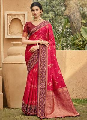 pink soft silk blend woven work traditional saree 1