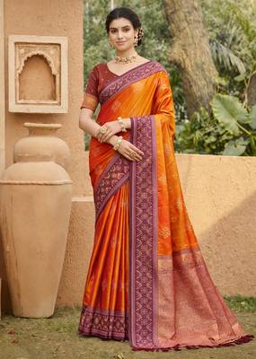 orange soft silk blend woven work traditional saree 1