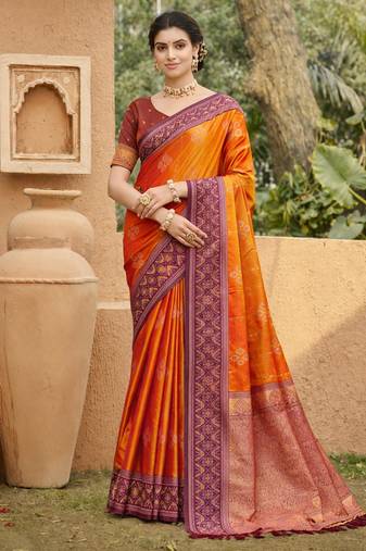 orange soft silk blend woven work traditional saree