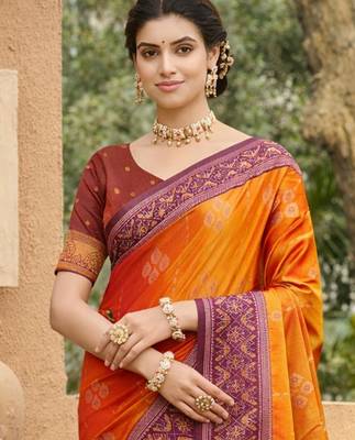 orange soft silk blend woven work traditional saree 2