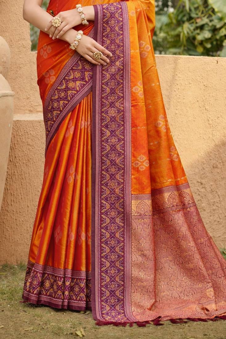orange soft silk blend woven work traditional saree