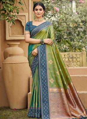 green soft silk blend woven work traditional saree 1