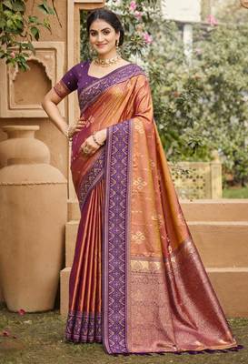 orange soft silk blend woven work traditional saree 1