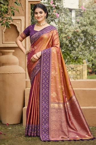orange soft silk blend woven work traditional saree