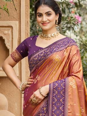 orange soft silk blend woven work traditional saree 2