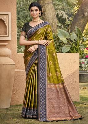 olive green soft silk blend woven work traditional saree 1