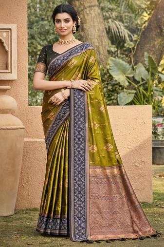 olive green soft silk blend woven work traditional saree