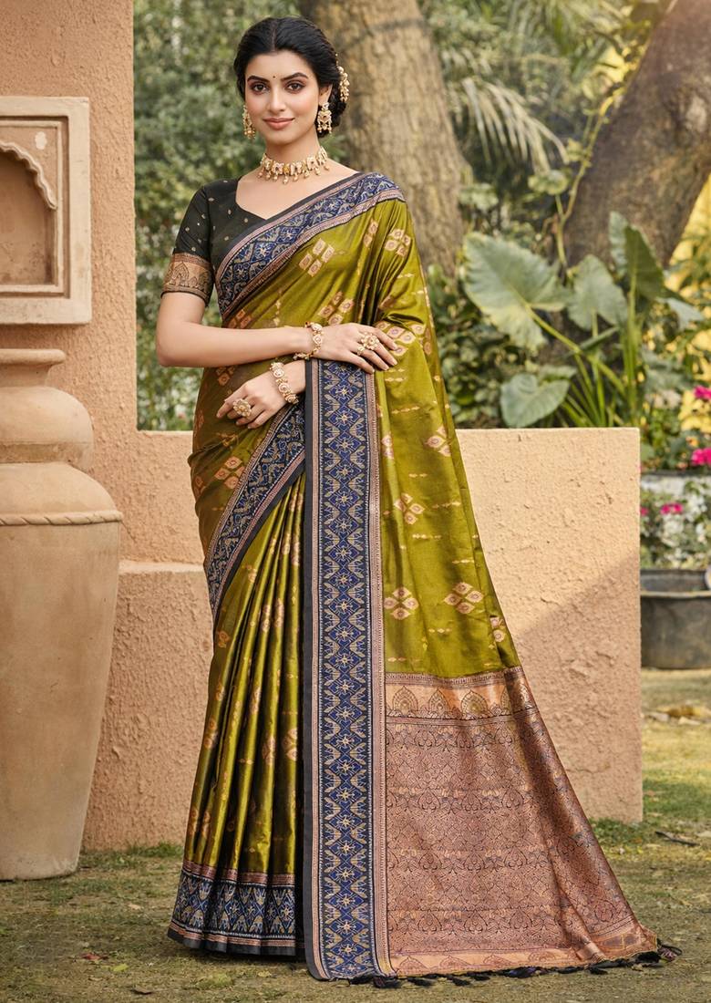 olive green soft silk blend woven work traditional saree
