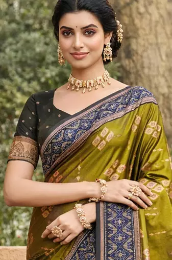 olive green soft silk blend woven work traditional saree