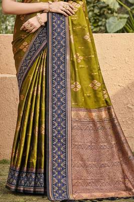 olive green soft silk blend woven work traditional saree 3