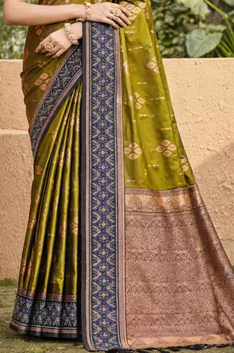 olive green soft silk blend woven work traditional saree