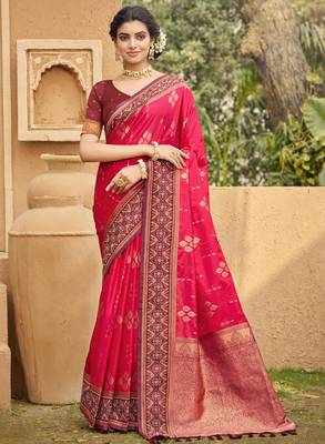 pink soft silk blend woven work traditional saree 1
