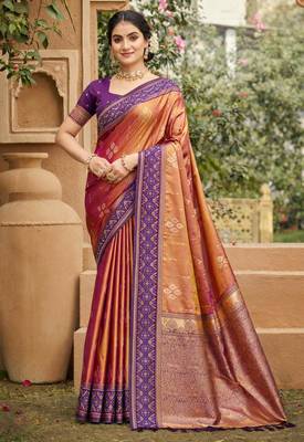 peach soft silk blend woven work traditional saree 1