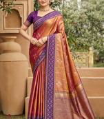 peach soft silk blend woven work traditional saree