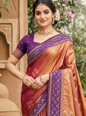 peach soft silk blend woven work traditional saree 2